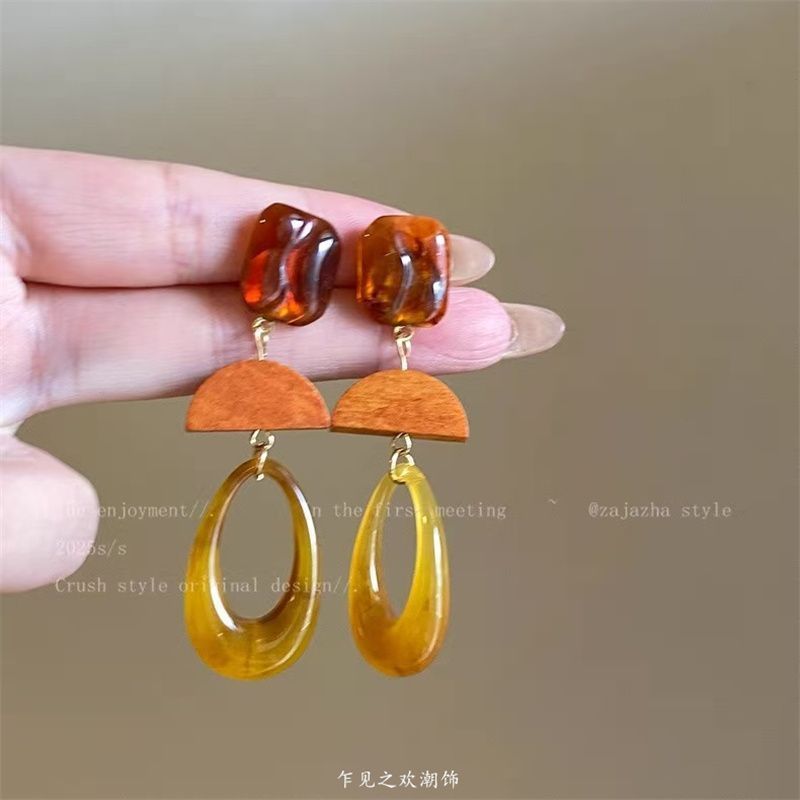 银针树脂虎眼石圆形不对称耳环休闲时尚百搭耳钉设计感小众耳饰女|undefined