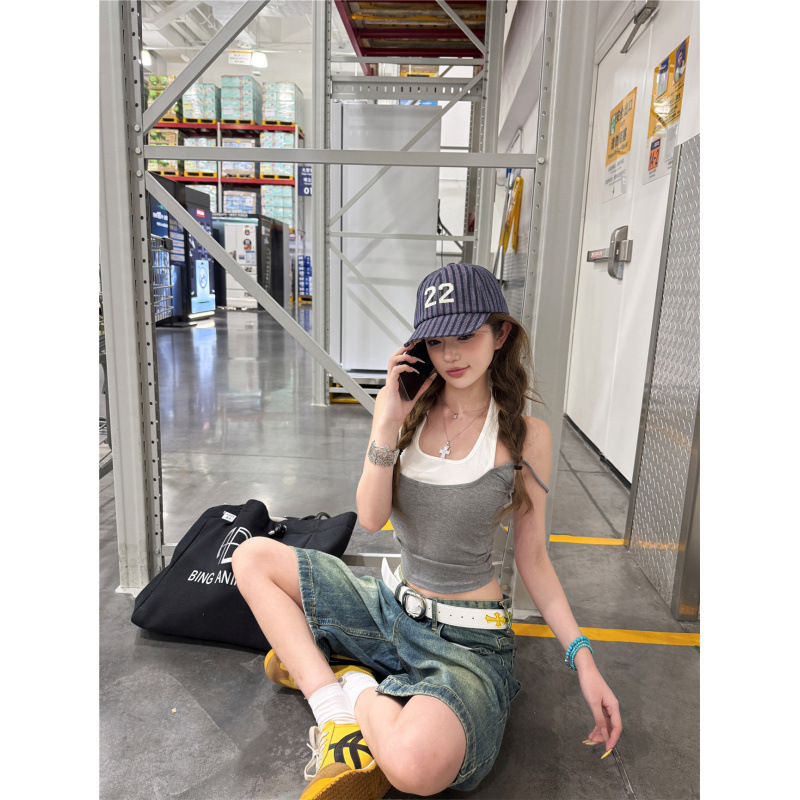 Real Shot! Color-Blocked Faux Two-Piece European and American Street Style Vest for Women, Vintage High Street Straight-Leg Retro Denim Shorts