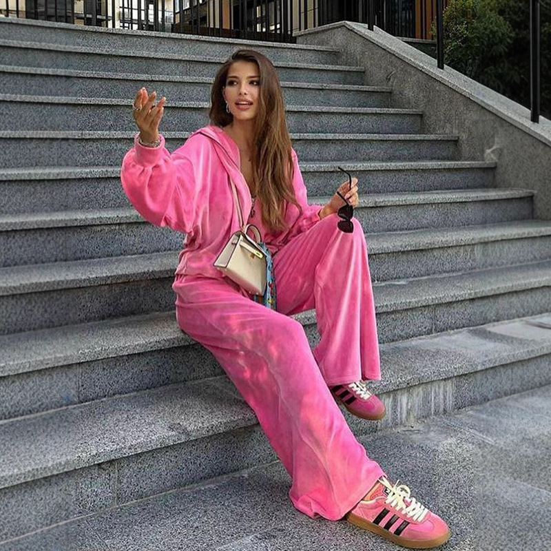 23 Years Amazon Aliexpress European and American Spring & Fall Fashion Velvet Zipper Sweatshirt Drawstring Pants Casual Suit for Women