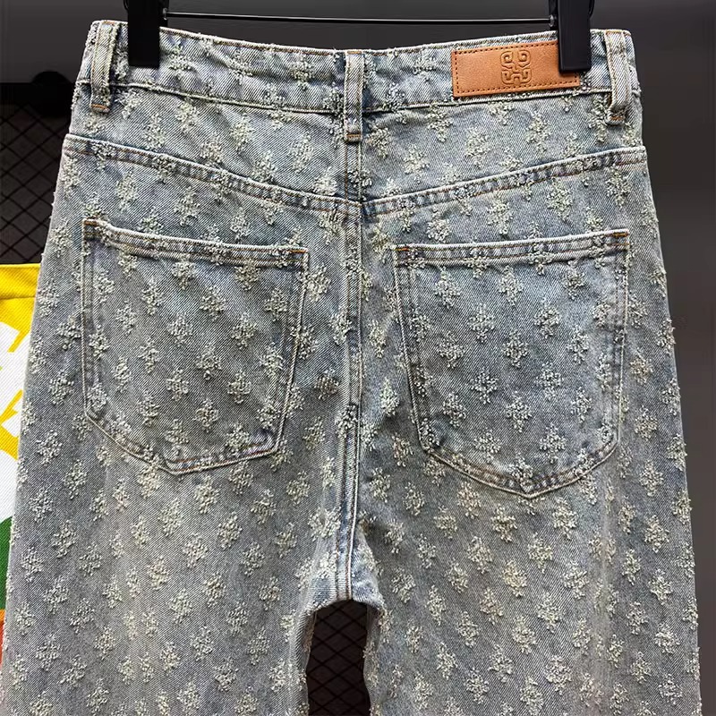 Men's Casual Loose Fit Blue Washed Denim Jeans With Retro Floral Embroidery - Straight Leg Comfortable Trousers For Everyday Wear_mkmklike.com