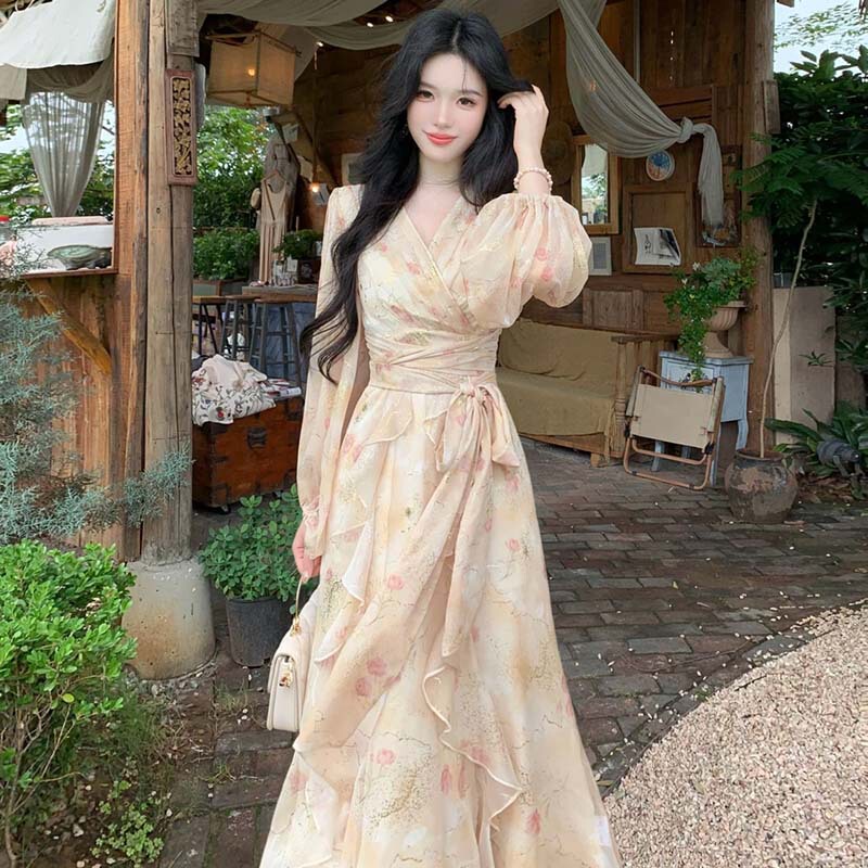 French-Style Elegant Long-Sleeved Dress for Women, New Spring Model with Gold-Printed V-Neck, Tie-Up, Fairy-Like Lace Long Dress