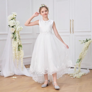 European and American New Style Medium and Large Children's Dress Sleeveless Embroidered White Tutu Skirt Beaded Mesh Long Skirt Wedding Dress Catwalk Skirt