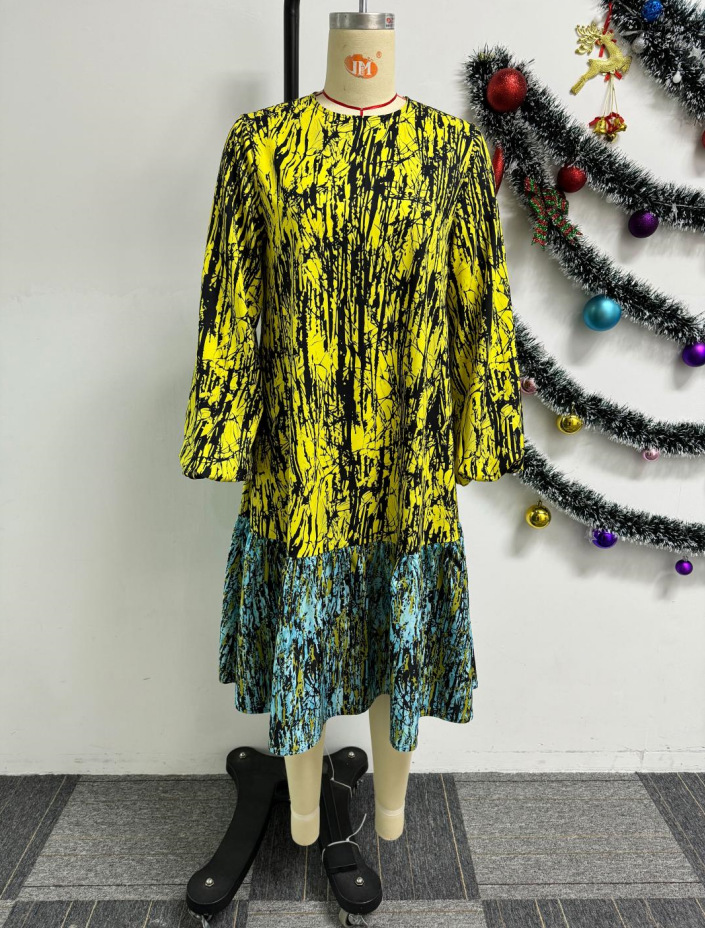 Printed Lace up Lantern Sleeve Loose Large Round Neck Dress