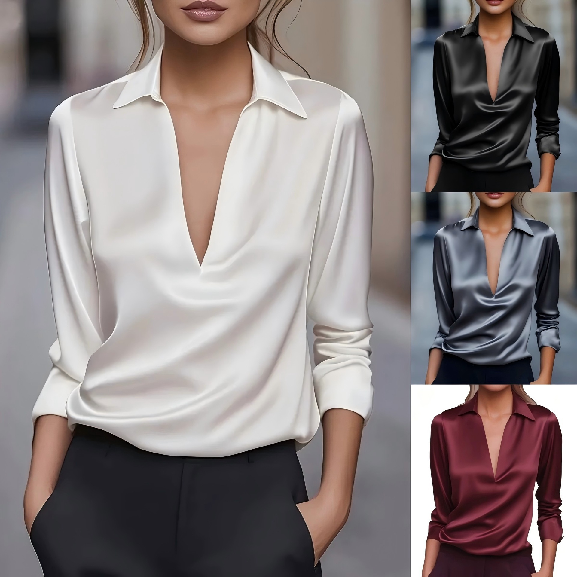 (Cross-border trading), autumn elegant solid color shirt, wish, V-neckline
