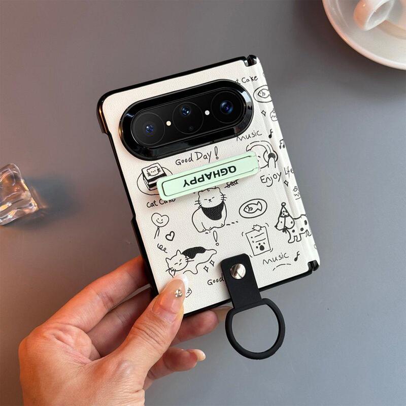 Fun Line Drawing Cat Design Suitable for Huawei Puraxmax Phone Case, Foldable Screen Ring Holder Stand, Leather Protective Cover