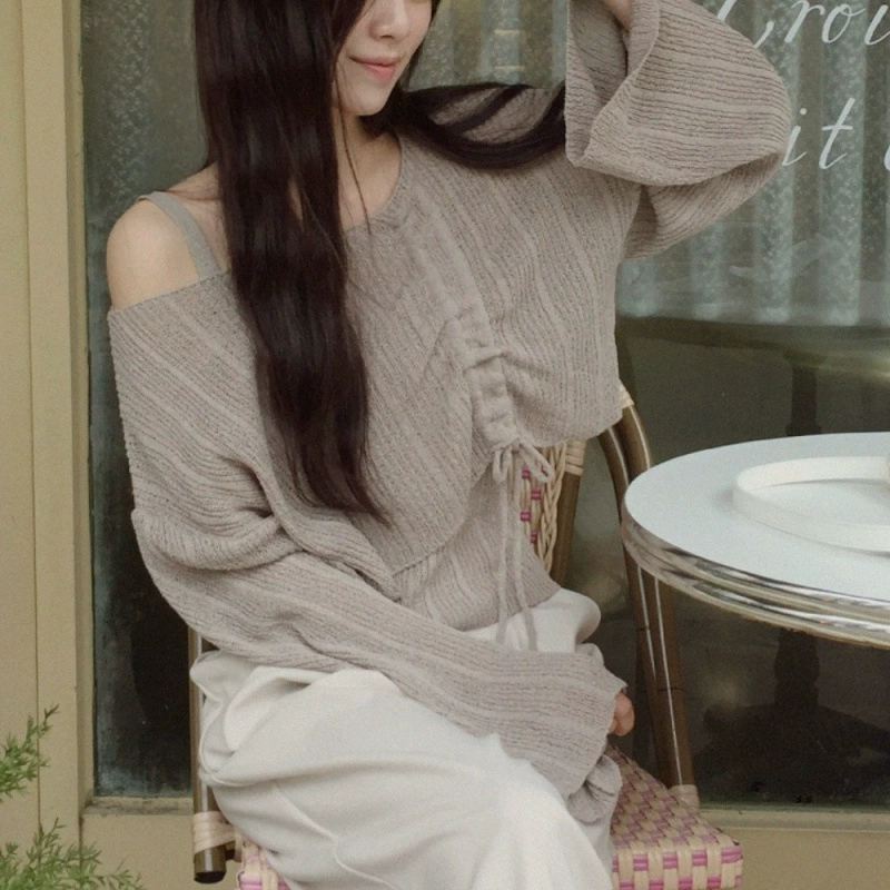 Женский шикарный элегантный модный универсальный тонкий топ + трикотажная блузка на шнурке, два комплекта