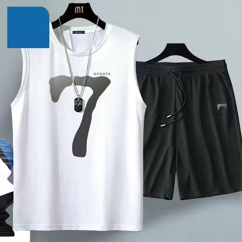 Ice Silk Vest Shorts Men's suit Summer Quick-drying Casual suit Mesh plus size Sports Two-piece Sleeveless Trendy Set