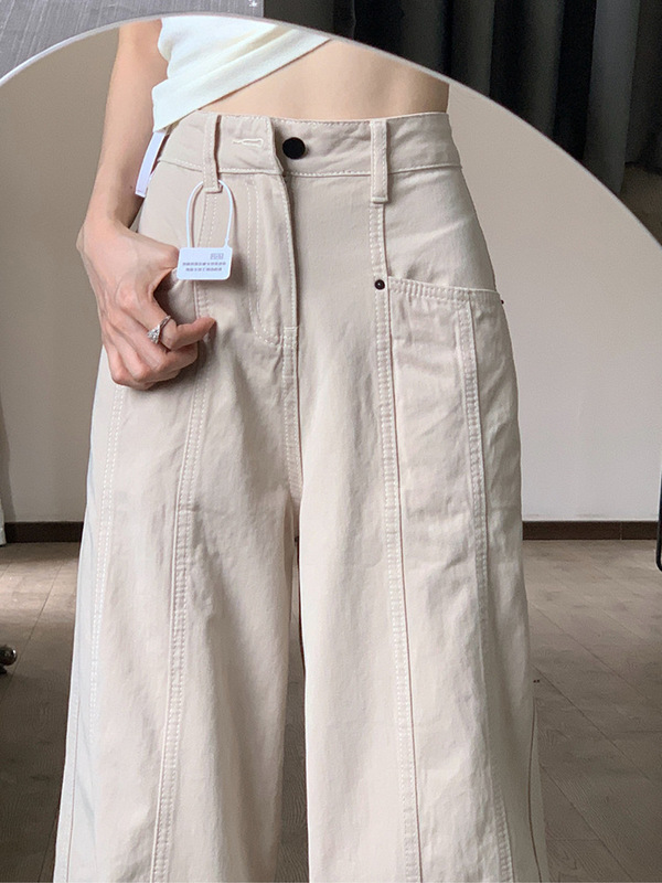 杏色工装牛仔裤女春秋季慵懒松弛感高腰直筒显瘦弯刀镰刀阔腿裤子|undefined