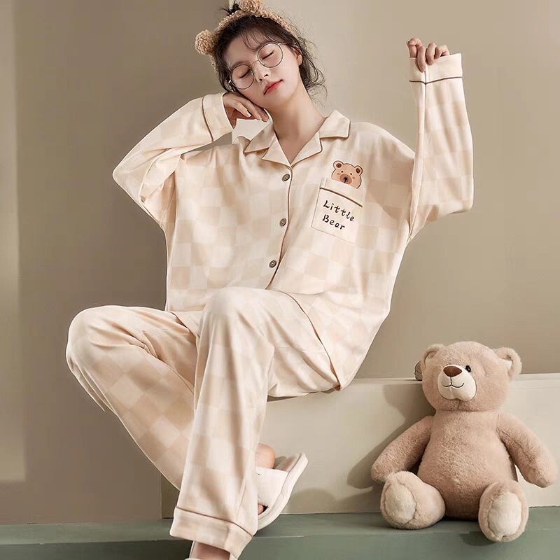 Pajamas Women's Imitation Cotton Spring and Autumn High-end Sense Checkerboard Bear Cardigan Casual Cute Home Clothes suit Wearable Pajamas Women's Imitation Cotton Spring and Autumn High-end Sense Checkerboard Bear Cardigan Casual Cute Home Clothes suit Wearable