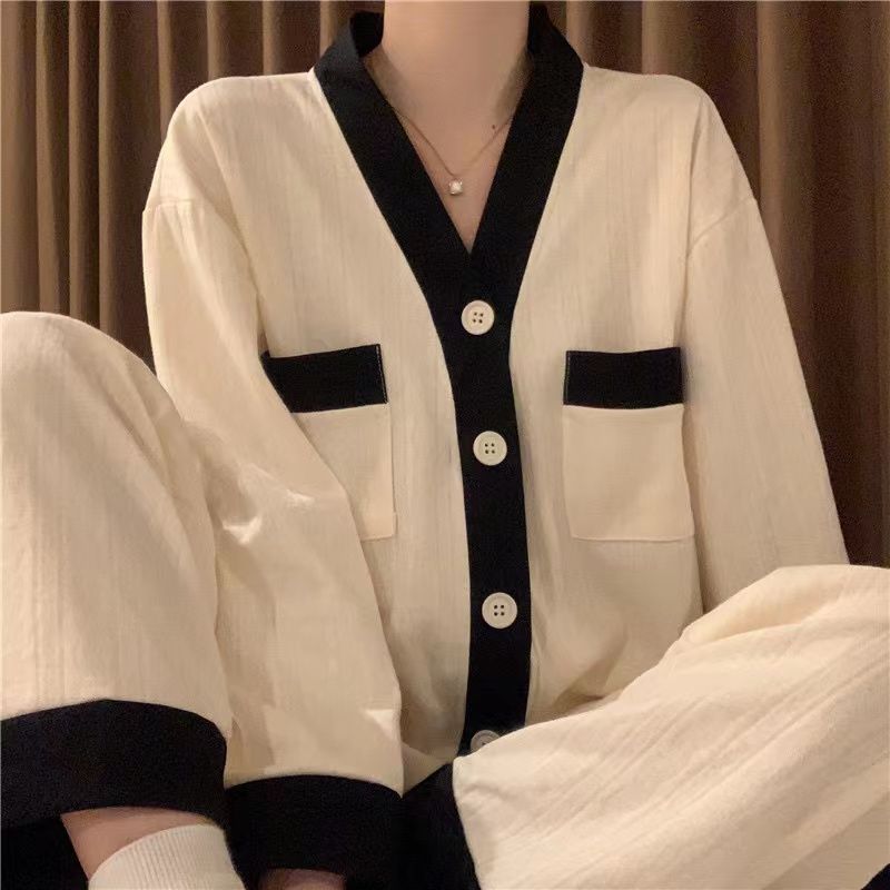 Pijamas coreanos al por mayor transfronterizos pantalones de manga larga primavera y otoño cardigan de cuello en V contra el color del collar dulce conjunto de ropa para el hogar