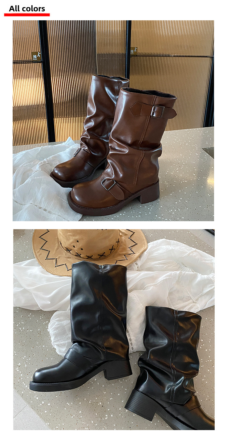 Stivali con fibbia a cintura e plissettati in pile per donna 2023 nuovi stivali retrò con tacco spesso e plateau a metà polpaccio stivali da sigaretta alla moda di strada_voghion.com