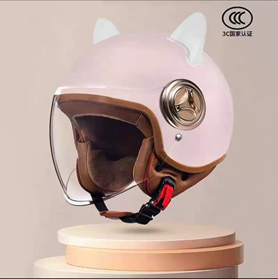 Motosiklet kaskı (dəbilqə) | Safety Helmet, Half Helmet, Full Helmet - 801-new-national-standard-class-a-3c-certification-soft-mist-powder-long-mirror-white-rabbit-ears-free-size
