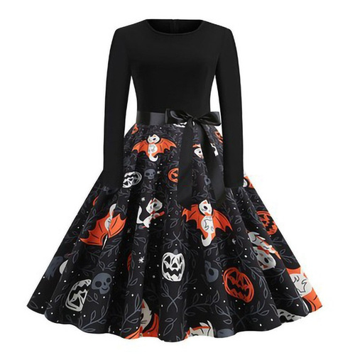 Foreign trade Christmas-print dress—European and American retro round-neck sexy, direct supply from manufacturer, dropshipping available in large quantities with great discounts.