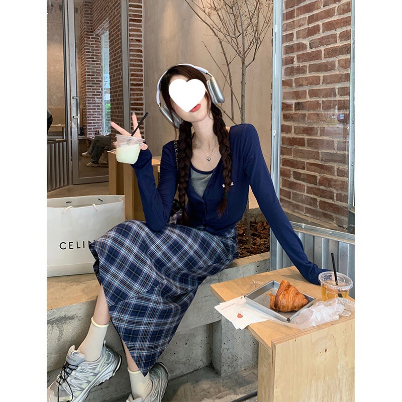 假两件挂脖设计感纯欲长袖上衣格子半身长裙女秋季2025新款两件套|undefined