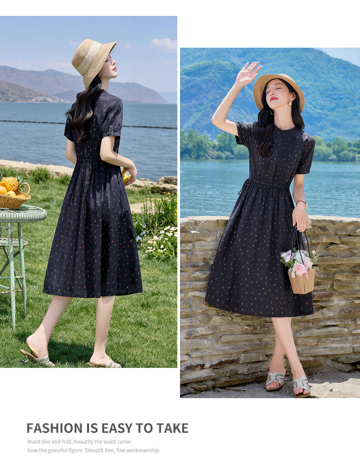 Đầm maxi nữ thắt eo in họa tiết hoa cổ điển tay ngắn — Xanh lông mòng đen chi tiết 18