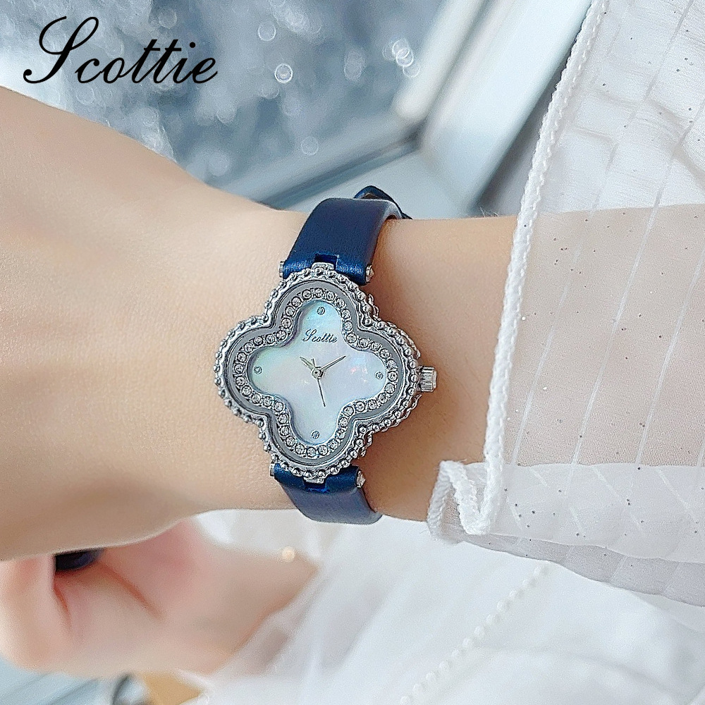 Women's Four Leaf Clover Watch With Leather Strap Shell Dial Niche Luxury Quartz Movement Live Streaming_voghion.com