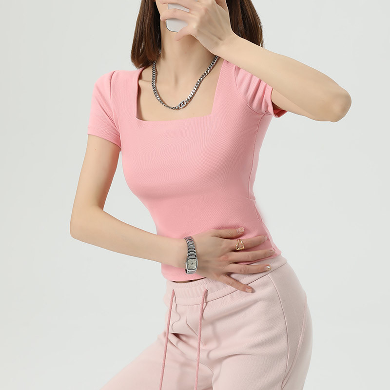 Cuello cuadrado francés, hombros rectos, gris fino, manga corta, verano puro, dulce y picante, camisa de fondo, camiseta fina, blusa interior