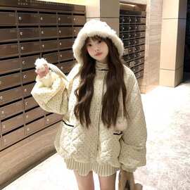 韩系复古休闲波点棉服外套女秋冬季小个子百搭宽松加厚保暖面包服