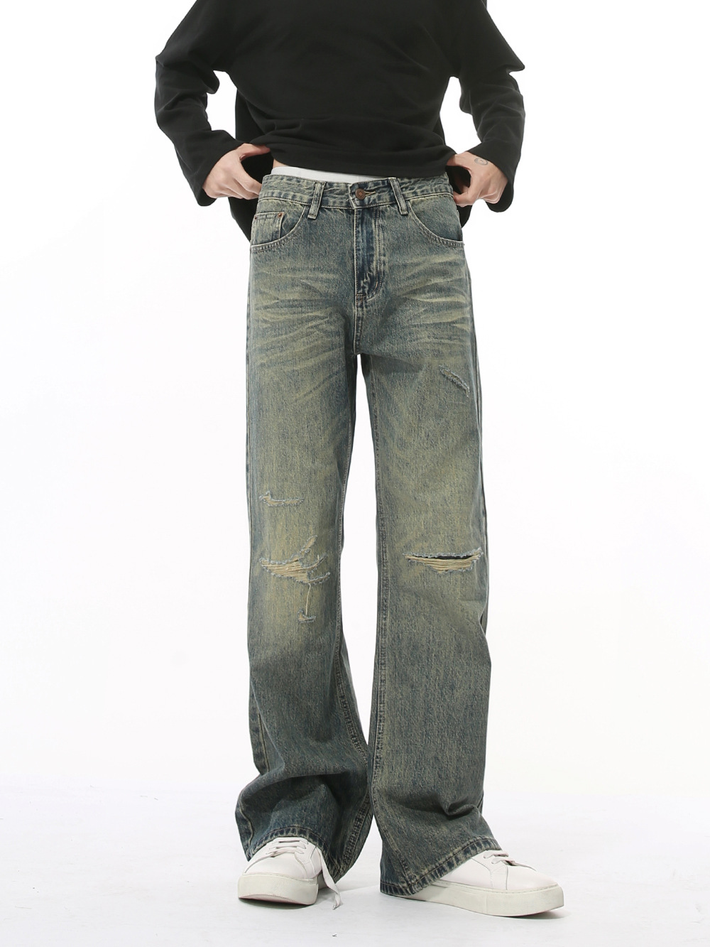 MTLCLOTHES Hombres| Nuevos productos de otoño pantalones agujeros de la calle, piernas largas sueltas lavadas con agua para hacer pantalones rectos viejos