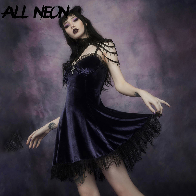 Dark Girl's Lace Chest Showcase Dress European and American Sexy Princess Dress for Spring and Summer