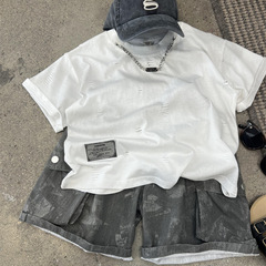 Men's Summer American Style Hole Necklace Short Sleeve T-Shirt Street Casual Children Cut and Tie-Dye Crew Neck Half Sleeve Shirt Trendy