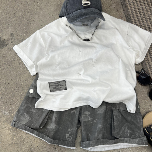 Men's Summer American Style Hole Necklace Short Sleeve T-Shirt Street Casual Children Cut and Tie-Dye Crew Neck Half Sleeve Shirt Trendy