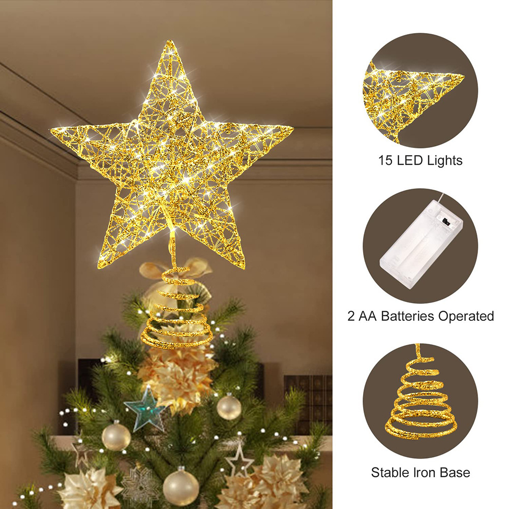 Amazon nuevo árbol de Navidad decorativo luz LED alambre de cobre estrella Luz de hierro brillo árbol de Navidad estrella superior con cadena de luz