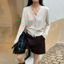 MOXI 十三行女装2025秋季新款韩版花边V领针织开衫女长袖上衣外套