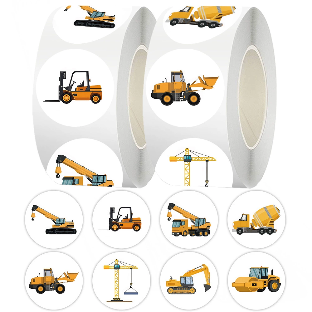 500 наклеек/рулон, наклейки с изображением строительной техники, рулон наклеек с изображением экскаватора, планировщика, уплотнительные наклейки, клейкая пленка, лента, оптовая продажа