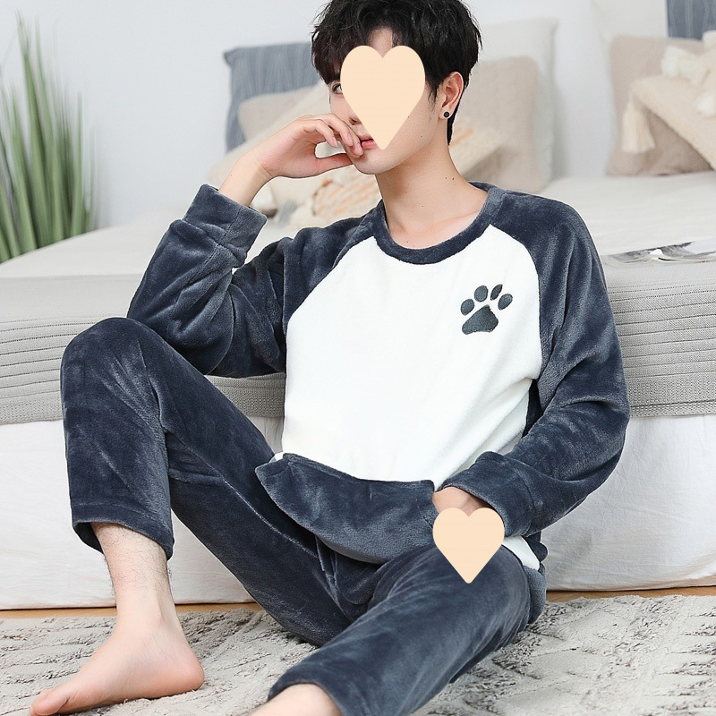 남성용 잠옷 겨울 플란넬 플러스 벨벳 두꺼운 프리미엄 양면 벨벳 겨울 청소년 남성용 홈웨어 세트