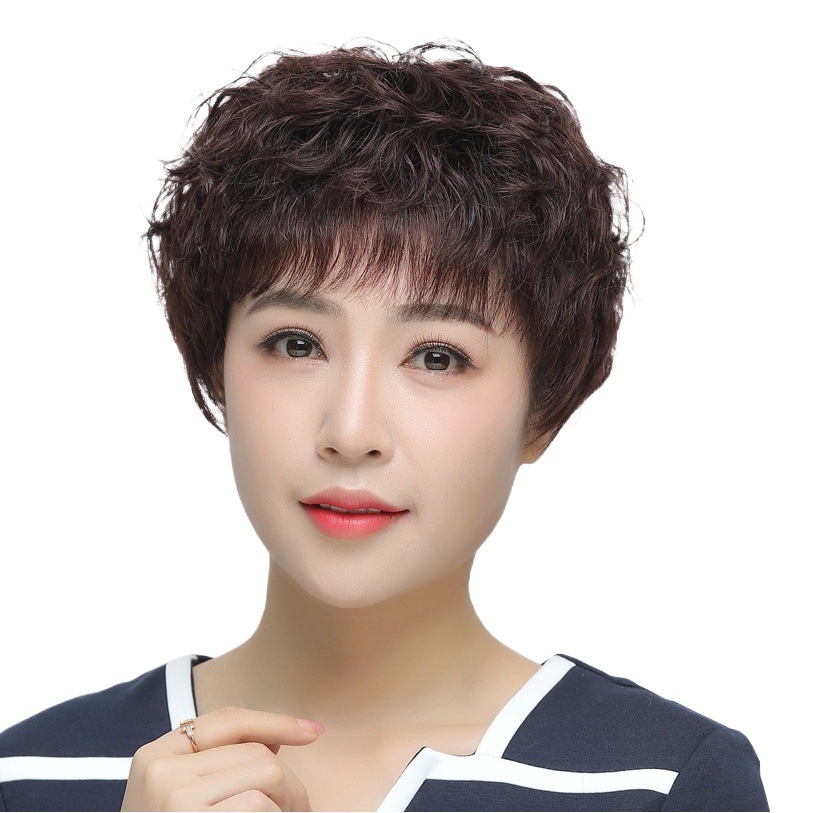 Wig Women's Short Hair Set Real Hair Full Human Hair Middle-aged and Elderly Women's Mother Natural Breathable Short Curly Hair Factory Straight Hair
