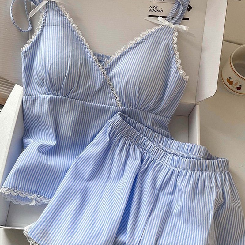 Pantalones cortos con cojín de pecho pijama de verano nuevo algodón nube de alta sensación de chicas polvo a rayas set de ropa para el hogar