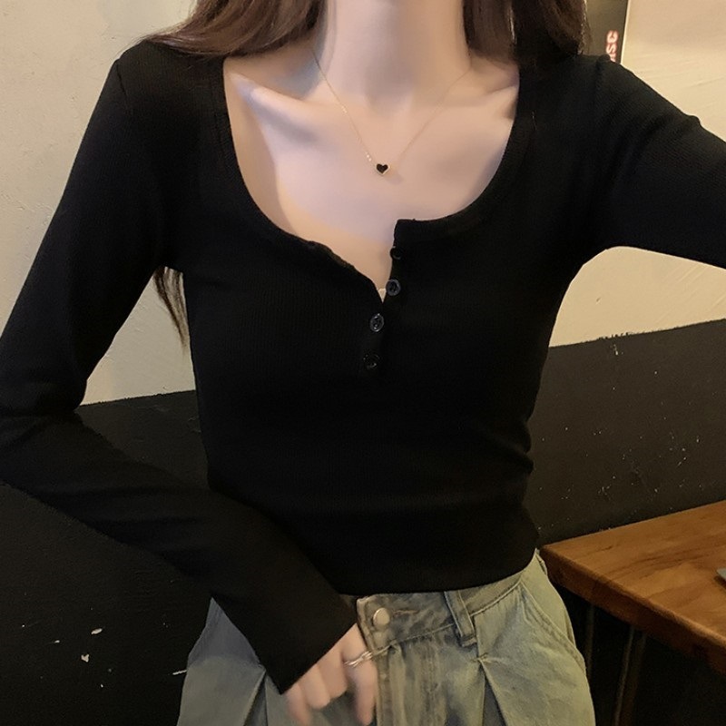 半开领辣妹修身t恤女打底衫早秋美拉德穿搭chic螺纹纽扣长袖上衣|undefined