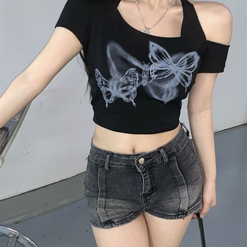 [260g Cut as You Like 1*1] One-Shoulder Printed Halterneck Short-Sleeved T-Shirt for Female Hot Girls Short Slim Top for Women