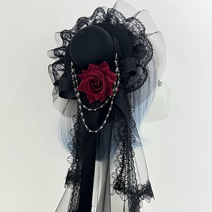 Gothic Performance Dark Veil Style Bloody Rose Hat Hairpin European and American Retro Hair Accessories with Chain