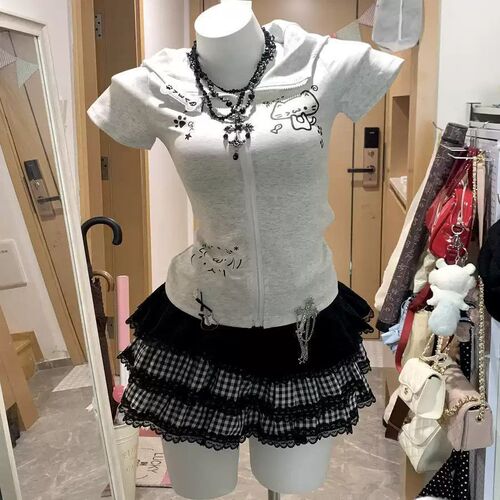 2025 homemade Japanese hot girl short-sleeved women's slim shoulder T-shirt summer subculture all-matching house coat top