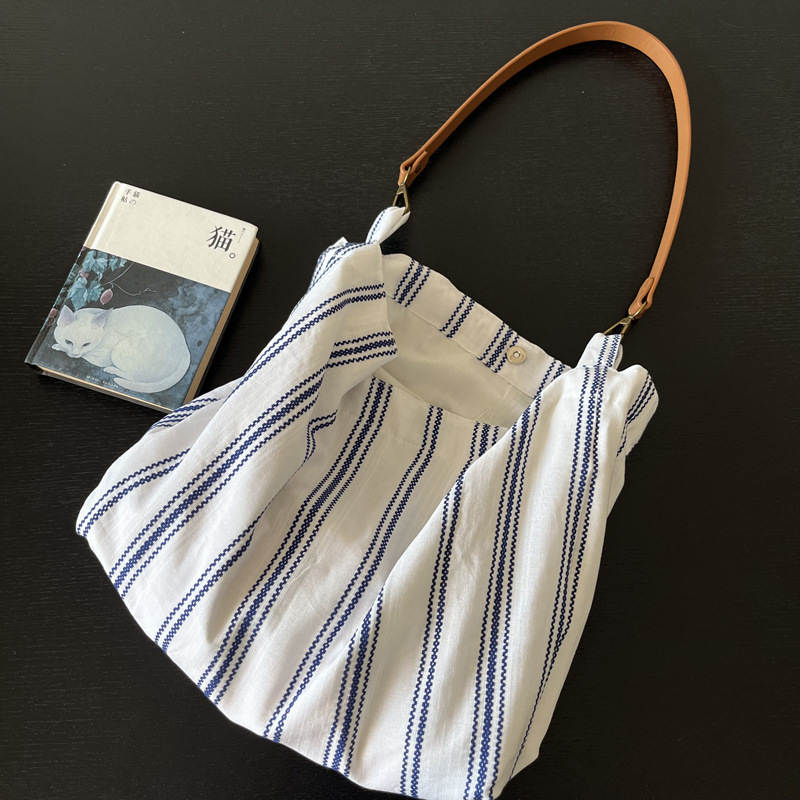 French Romantic Blue Striped Tote Bag - Niche Texture Commuter Shoulder Bag, Versatile Women's Leather Strap Underarm Bag