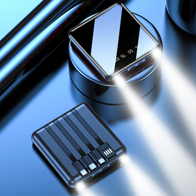 10000 mAh con cable de carga rápida de cuatro líneas de alta capacidad al aire libre ligera y portátil mini fuente de alimentación portátil lámpara LED