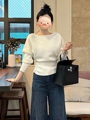 法式温柔小香风蝙蝠袖针织衫女秋季高级感软糯褶皱收腰打底衫上衣