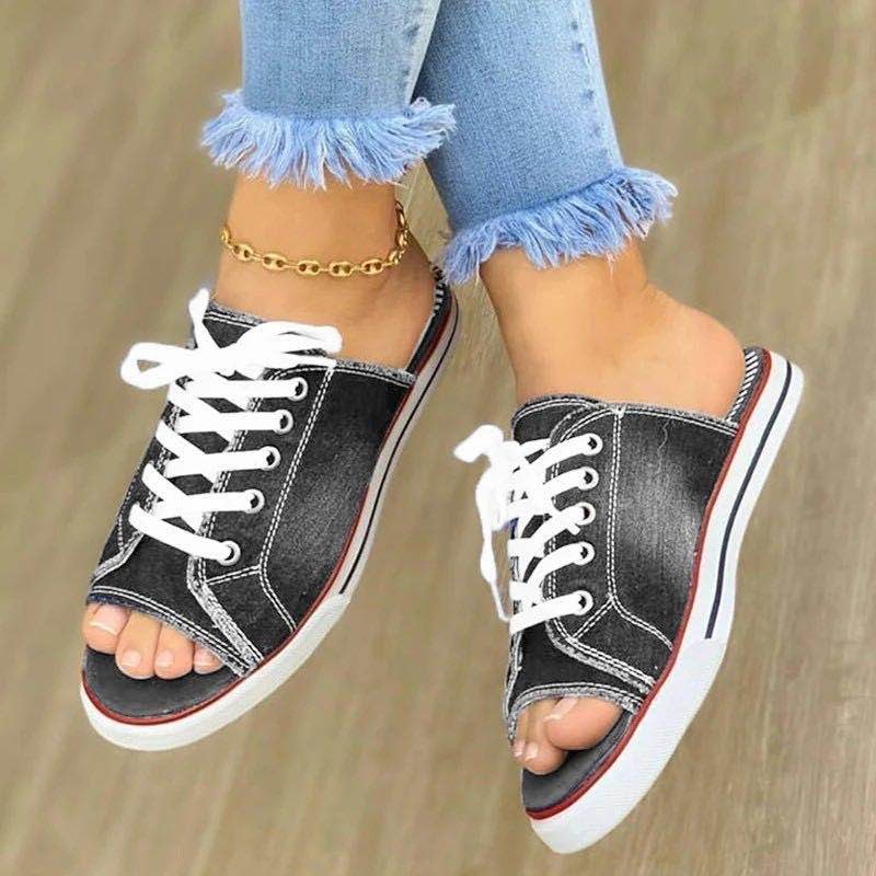 lace-up flat open toe wide one word denim slippers NSJJX133410