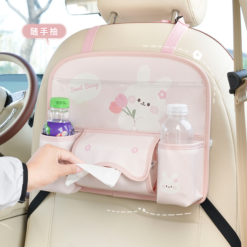 Cartoon Car Seat Back Storage Bag Leather Printed Car Storage Hanging Bag Cute Multifunctional Car Interior Supplies