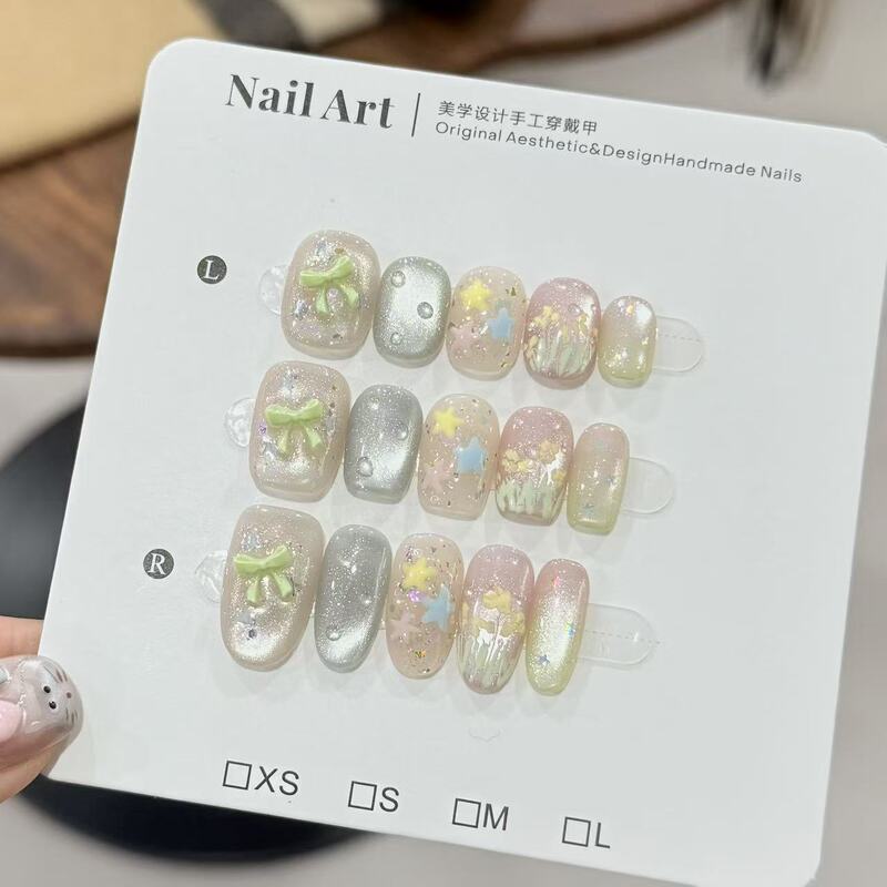 【Spring Dream】Original Fresh and Sweet Hand-Painted Oil Painting Small Flower Dopamine Color-Blocking Cat Eye Handmade Wearable Nails