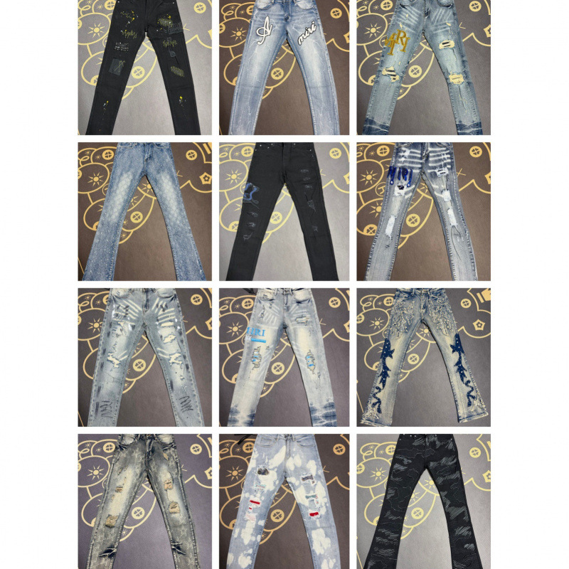 Cross-Border High-End Edition Exclusively for Trendy Brand Am, Featuring Heavy Craftsmanship, Washed and Distressed High Street Embroidery, Unisex Jeans, Full Range