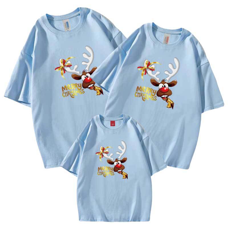 Nueva camiseta de media manga de algodón para padres e hijos de verano 2022 patrón de cabeza de alce de Navidad árbol de Navidad día de Año Nuevo ropa de clase
