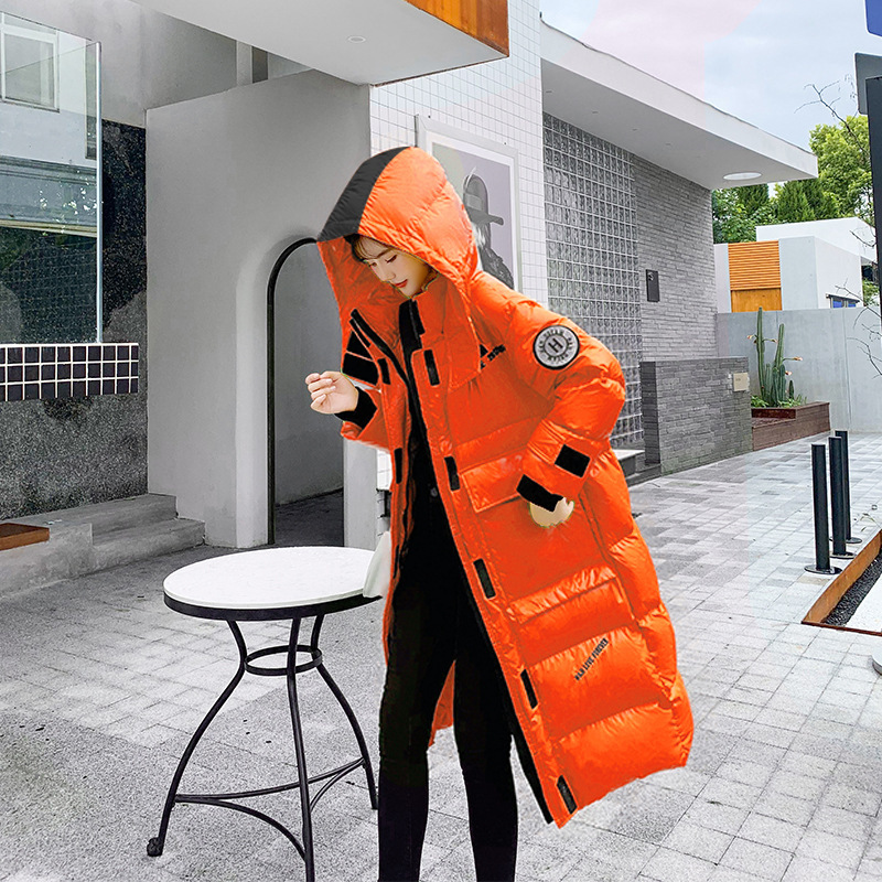 连帽欧美棉衣女冬中长款过膝加厚面包服2025新款韩版亮面棉服外套