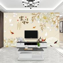 挂画客厅现代中式8d电视背景墙壁纸影视墙壁布家和九鱼图墙布壁画
