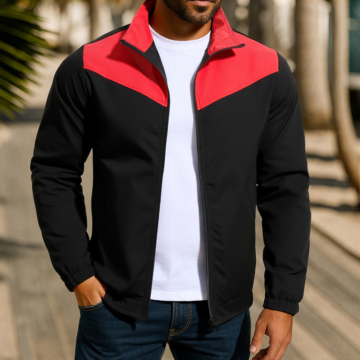 Men's Colour-blocking Windproof Cardigan Jacket With High Collar_voghion.com