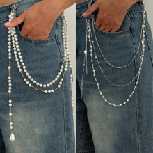 欧美跨境饰品 设计感五角星流苏多功能裤链 简约仿珍珠多层腰链女