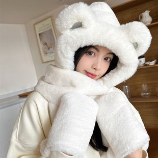 Bear Scarf Gloves Hat Women's Winter Warm Cute Neck Hat Plush Ear Protection Hat Three-piece Set