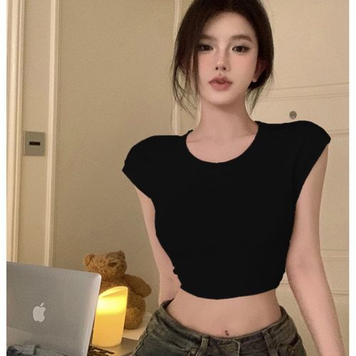 Pure Desire Style Sheer Back Tight High-Waisted Short-Sleeve T-Shirt for Women Black Hot Girl Strappy Fitted Unique Short Top New Arrival